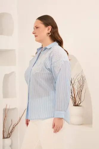 Aplikeli Çizgili Kadın Büyük Beden Uzun Kol Gömlek Mavi - 4