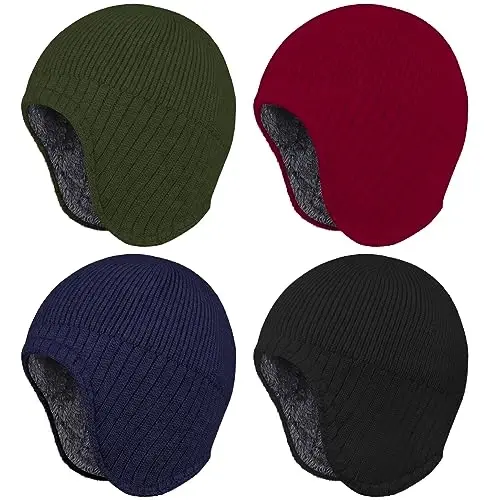 Apoway 4 Pack Winter Warm Earflap Hat Thick Fleece Lined Beanie with Ear Cover Stretchy Watch Skull Cap for Men Women - Apoway