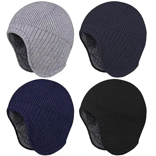 Apoway 4 Pack Winter Warm Earflap Hat Thick Fleece Lined Beanie with Ear Cover Stretchy Watch Skull Cap for Men Women - APOWAY