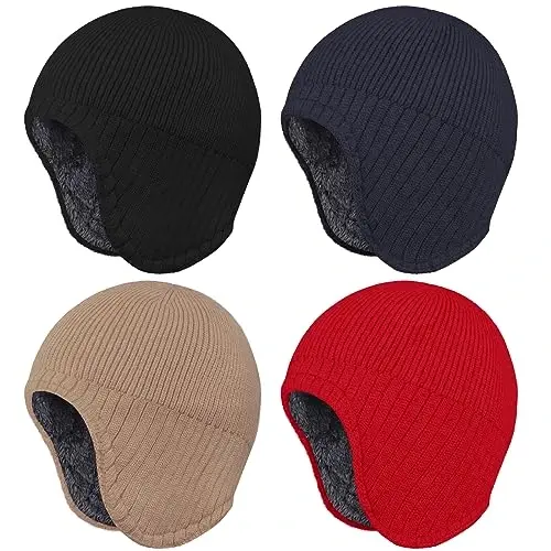 Apoway 4 Pack Winter Warm Earflap Hat Thick Fleece Lined Beanie with Ear Cover Stretchy Watch Skull Cap for Men Women - 1