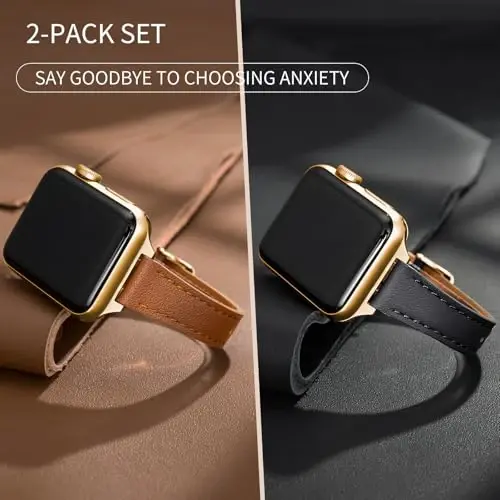 SEURE 2-pack Leather Bands Compatible with Apple Watch Band for women 38mm 40mm 41mm 42mm 44mm 45mm 46mm 49mm,Genuine Leather Band Slim Thin Strap for iWatch Ultra SE Series 11/10/9/8/7/6/5/4/3/2/1 - 1
