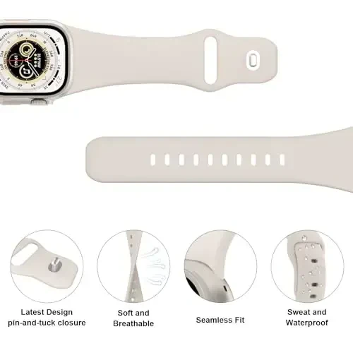 Apple Watch 38mm 40mm 41mm 42mm 44mm 45mm 49mm bilan mos sport tasmalar, yumshoq silikon almashtiriladigan suv o'tkazmaydigan bilaguzuk iWatch Series Ultra 10/9/8/7/6/5/4/3/2/1 SE ayollar erkaklar uchun, Starlight - 3