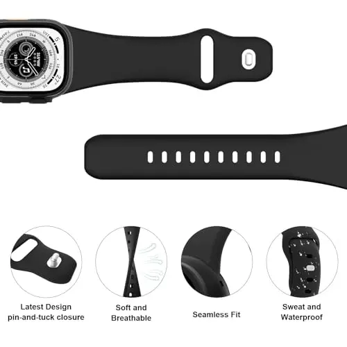Sport Bands Compatible with Apple Watch 38mm 40mm 41mm 42mm 44mm 45mm 49mm, Soft Silicone Replacement Waterproof Strap Wristband for iWatch Series Ultra 10/9/8/7/6/5/4/3/2/1 SE Women Men, Black - 3