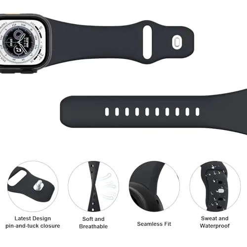 Sport Bands Compatible with Apple Watch 38mm 40mm 41mm 42mm 44mm 45mm 49mm, Soft Silicone Replacement Waterproof Strap Wristband for iWatch Series Ultra 10/9/8/7/6/5/4/3/2/1 SE Women Men, Midnight - 3