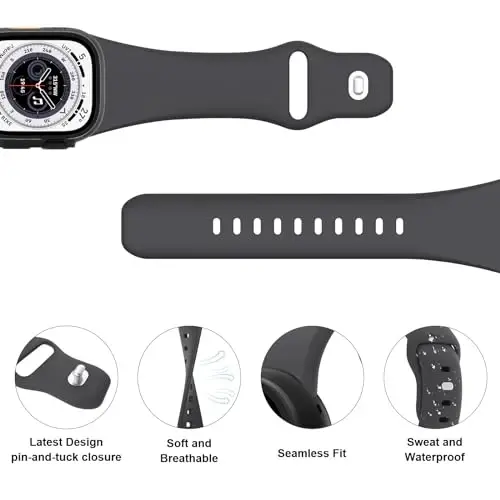 Sport Bands Compatible with Apple Watch 38mm 40mm 41mm 42mm 44mm 45mm 49mm, Soft Silicone Replacement Waterproof Strap Wristband for iWatch Series Ultra 10/9/8/7/6/5/4/3/2/1 SE Women Men, Anthracite - 3