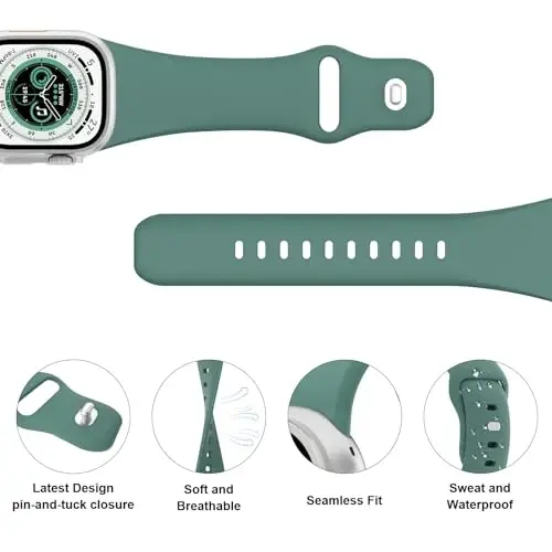 Sport Bands Compatible with Apple Watch 38mm 40mm 41mm 42mm 44mm 45mm 49mm, Soft Silicone Replacement Waterproof Strap Wristband for iWatch Series Ultra 10/9/8/7/6/5/4/3/2/1 SE Women Men, Midnight Green - 3