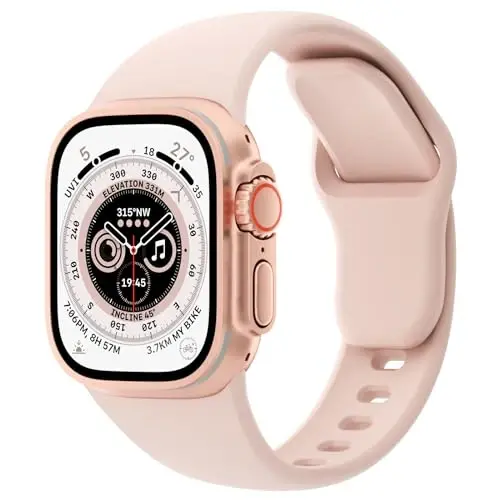 Sport Bands Compatible with Apple Watch 38mm 40mm 41mm 42mm 44mm 45mm 49mm, Soft Silicone Replacement Waterproof Strap Wristband for iWatch Series Ultra 10/9/8/7/6/5/4/3/2/1 SE Women Men, Pink Sand - 1