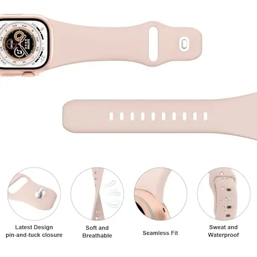 Sport Bands Compatible with Apple Watch 38mm 40mm 41mm 42mm 44mm 45mm 49mm, Soft Silicone Replacement Waterproof Strap Wristband for iWatch Series Ultra 10/9/8/7/6/5/4/3/2/1 SE Women Men, Pink Sand - 3