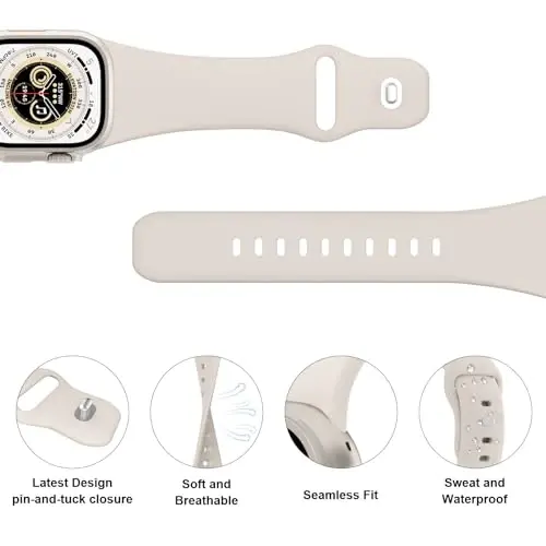 Sport Bands Compatible with Apple Watch 38mm 40mm 41mm 42mm 44mm 45mm 49mm, Soft Silicone Replacement Waterproof Strap Wristband for iWatch Series Ultra 10/9/8/7/6/5/4/3/2/1 SE Women Men, Starlight - 3