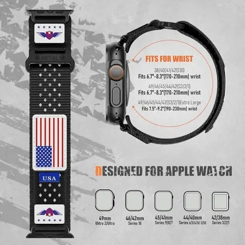 Rugged Nylon Bands for Apple Watch Band 42mm（Series 11/10） 41mm 40mm 38mm Men,Breathable Holes Sport Strap With US Flag Wristband for iWatch band Series 11 10 9 8 7 6 5 4 3 SE3/2/1 