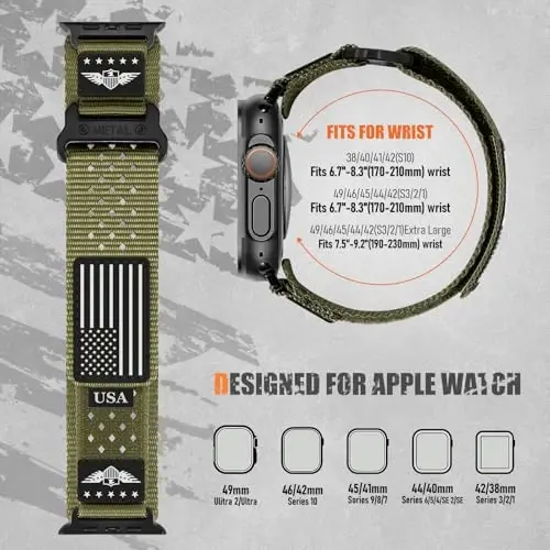 Rugged Nylon Bands for Apple Watch Band 42mm（Series 11/10） 41mm 40mm 38mm Men,Breathable Holes Sport Strap With US Flag Wristband for iWatch band Series 11 10 9 8 7 6 5 4 3 SE3/2/1 