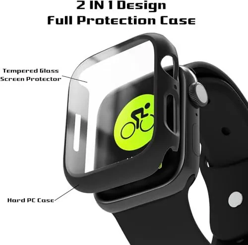 Apple Watch 44 mm SE 6/5/4/SE 2-chi avlod uchun 2 ta to'plamli korpus, qattiqlashtirilgan shisha ekran himoyachisi bilan, EWUONU iWatch 44 mm uchun to'liq himoya qiluvchi qopqoq qattiq PC tampon yuz qopqog'i (qora) - 2