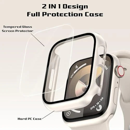 2 Pack Case for Apple Watch 44mm SE 3 Series 6/5/4/SE 2nd Gen with Tempered Glass Screen Protector, EWUONU Full Protective Cover Hard PC Bumper Face Cover for iWatch 44mm (Starlight) - EWUONU (1)