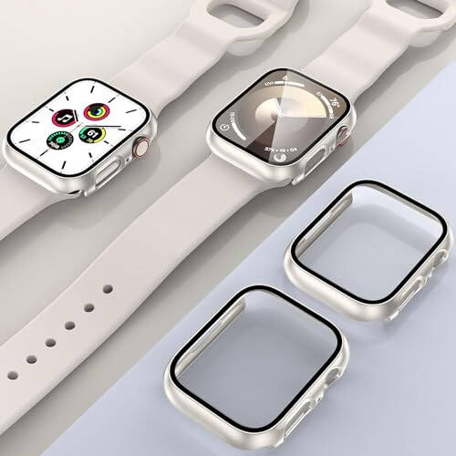 2 Pack Case for Apple Watch 44mm SE 3 Series 6/5/4/SE 2nd Gen with Tempered Glass Screen Protector, EWUONU Full Protective Cover Hard PC Bumper Face Cover for iWatch 44mm (Starlight) - 7