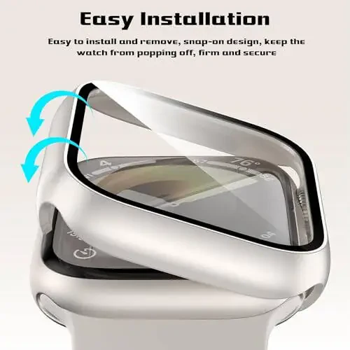 2 Pack Case for Apple Watch 44mm SE 3 Series 6/5/4/SE 2nd Gen with Tempered Glass Screen Protector, EWUONU Full Protective Cover Hard PC Bumper Face Cover for iWatch 44mm (Starlight) - 3