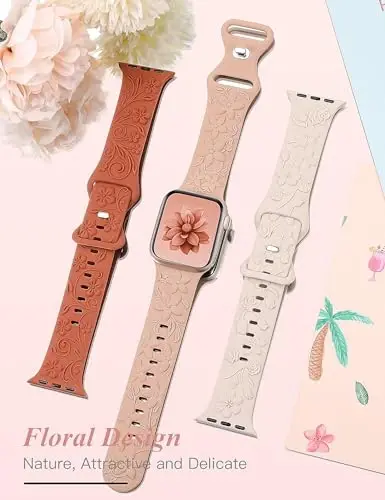 Apple Watch Band 38/40/41/42/44/45/46/49mm ayollar uchun mos 3D Floral Embossed Bands to'plami, iWatch Series 10/9/SE/Ultra/8/7/6/5/4/3/2/1 uchun o'yilgan yumshoq silikon gul nafis bilakuzuklar - 3 (1)