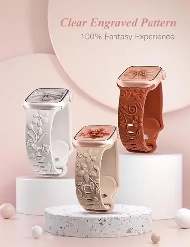 Apple Watch Band 38/40/41/42/44/45/46/49mm ayollar uchun mos 3D floral naqshli 3 dona tasma, iWatch Series 10/9/SE/Ultra/8/7/6/5/4/3/2/1 uchun oʻyilgan yumshoq silikon gulli chiroyli tasmlar - 6