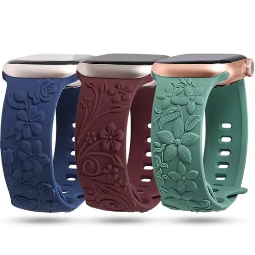 Apple Watch Band 38/40/41/42/44/45/46/49mm ayollar uchun mos keladigan 3 dona 3D gul naqshli tasmalar, iWatch Series 10/9/SE/Ultra/8/7/6/5/4/3/2/1 uchun o'yilgan yumshoq silikon gul naqshli chiroyli tasmalar 