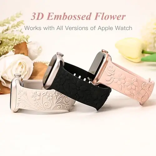 Apple Watch Band 38/40/41/42/44/45/46/49mm ayollar uchun mos keladigan 3 o'ram 3D gul naqshli tasmalar, iWatch Series 10/9/SE/Ultra/8/7/6/5/4/3/2/1 uchun o'yilgan yumshoq silikon gulli yoqimli bezakli tasmalar - 3