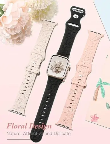 Apple Watch Band 38/40/41/42/44/45/46/49mm ayollar uchun mos keladigan 3 o'ram 3D gul naqshli tasmalar, iWatch Series 10/9/SE/Ultra/8/7/6/5/4/3/2/1 uchun o'yilgan yumshoq silikon gulli yoqimli bezakli tasmalar - 2
