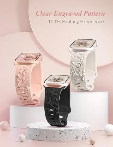 Apple Watch Band 38/40/41/42/44/45/46/49mm ayollar uchun mos keladigan 3 o'ram 3D gul naqshli tasmalar, iWatch Series 10/9/SE/Ultra/8/7/6/5/4/3/2/1 uchun o'yilgan yumshoq silikon gulli yoqimli bezakli tasmalar - 4