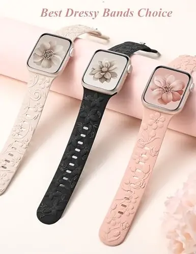 Apple Watch Band 38/40/41/42/44/45/46/49mm ayollar uchun mos keladigan 3 o'ram 3D gul naqshli tasmalar, iWatch Series 10/9/SE/Ultra/8/7/6/5/4/3/2/1 uchun o'yilgan yumshoq silikon gulli yoqimli bezakli tasmalar - 5