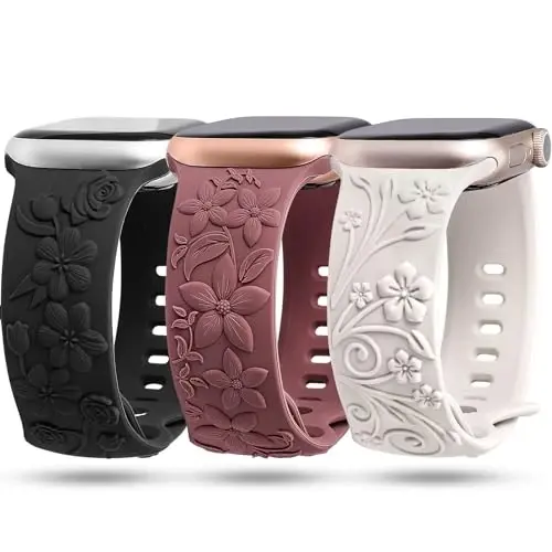 Apple Watch Band 38/40/41/42/44/45/46/49mm ayollar uchun mos keladigan 3D Floral Embossed Bands 3 to'plami, iWatch Series 10/9/SE/Ultra/8/7/6/5/4/3/2/1 uchun o'yilgan yumshoq silikon gul nafis tasmalari 