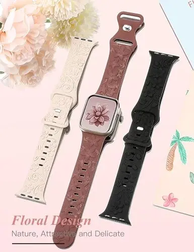 Apple Watch Band 38/40/41/42/44/45/46/49mm ayollar uchun mos keladigan 3D Floral Embossed Bands 3 to'plami, iWatch Series 10/9/SE/Ultra/8/7/6/5/4/3/2/1 uchun o'yilgan yumshoq silikon gul nafis tasmalari - 3 (1)