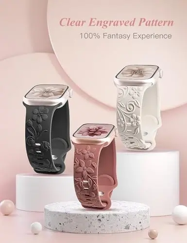 Apple Watch Band 38/40/41/42/44/45/46/49mm ayollar uchun mos keladigan 3D Floral Embossed Bands 3 to'plami, iWatch Series 10/9/SE/Ultra/8/7/6/5/4/3/2/1 uchun o'yilgan yumshoq silikon gul nafis tasmalari - 4
