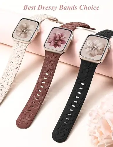 Apple Watch Band 38/40/41/42/44/45/46/49mm ayollar uchun mos keladigan 3D Floral Embossed Bands 3 to'plami, iWatch Series 10/9/SE/Ultra/8/7/6/5/4/3/2/1 uchun o'yilgan yumshoq silikon gul nafis tasmalari - 5