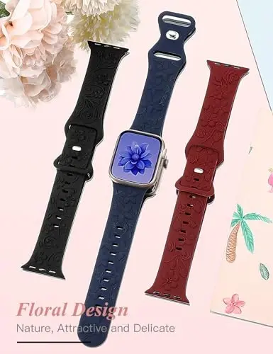 Apple Watch Band 38/40/41/42/44/45/46/49mm ayollar uchun mos keladigan 3D gulli naqshli 3 ta tasma, iWatch Series 10/9/SE/Ultra/8/7/6/5/4/3/2/1 uchun o‘yilgan yumshoq silikon gulli chiroyli nafis tasmalar - 2