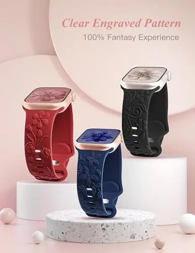 Apple Watch Band 38/40/41/42/44/45/46/49mm ayollar uchun mos keladigan 3D gulli naqshli 3 ta tasma, iWatch Series 10/9/SE/Ultra/8/7/6/5/4/3/2/1 uchun o‘yilgan yumshoq silikon gulli chiroyli nafis tasmalar - 4