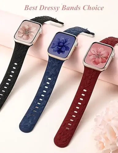 Apple Watch Band 38/40/41/42/44/45/46/49mm ayollar uchun mos keladigan 3D gulli naqshli 3 ta tasma, iWatch Series 10/9/SE/Ultra/8/7/6/5/4/3/2/1 uchun o‘yilgan yumshoq silikon gulli chiroyli nafis tasmalar - 5