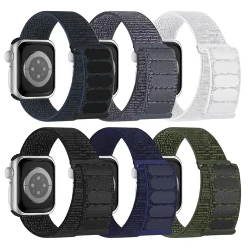 Apple Watch Bands 38mm 40mm 41mm 42mm 44mm 45mm 46mm 49mm bilan mos keluvchi 6 Pack Sport Nylon Loop Band, Ayollar va erkaklar uchun sozlanishi mumkin bo'lgan nafas oladigan o'ralgan tasmalar iWatch Series 10/9/8/7/6/5/4/3/SE/Ultra - 1