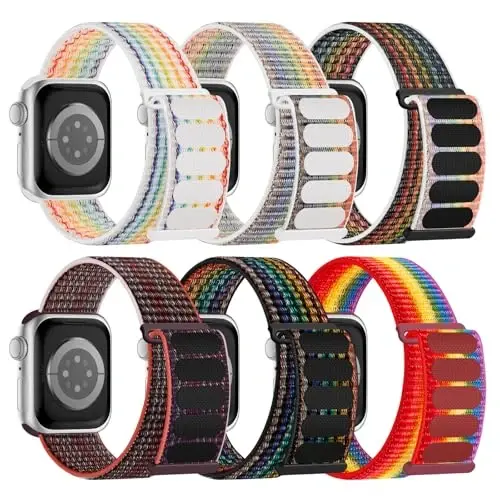 Apple Watch Bands 38mm 40mm 41mm 42mm 44mm 45mm 46mm 49mm bilan mos keluvchi 6 Pack Sport Nylon Loop Band, ayollar va erkaklar uchun sozlanishi mumkin bo'lgan nafas oladigan o'ralgan tasmalar iWatch Series 10/9/8/7/6/5/4/3/SE/Ultra - MODAZONE