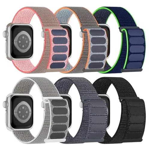 Apple Watch Bands 38mm 40mm 41mm 42mm 44mm 45mm 46mm 49mm uchun 6 Pack Sport Nylon Loop Band, Ayollar va erkaklar uchun sozlanishi nafas oladigan o'ralgan tasmalar iWatch Series 10/9/8/7/6/5/4/3/SE/Ultra bilan mos keladi - 1