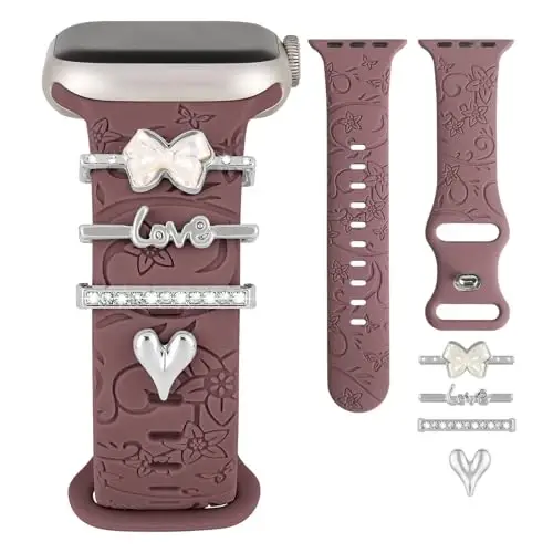 Charm+Band for Apple Watch Bands 40mm 41mm 38mm 44mm 45mm 46mm 42mm Women,Floral Engraved Silicone Sport Band+Decorative Ring Loops for iWatch Series 11 10 9 8 7 6 5 4 SE/Ultra 49mm 3/2,Jewelry Strap - 1