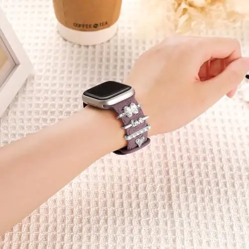 Charm+Band for Apple Watch Bands 40mm 41mm 38mm 44mm 45mm 46mm 42mm Women,Floral Engraved Silicone Sport Band+Decorative Ring Loops for iWatch Series 11 10 9 8 7 6 5 4 SE/Ultra 49mm 3/2,Jewelry Strap - CHARM+BAND (1)