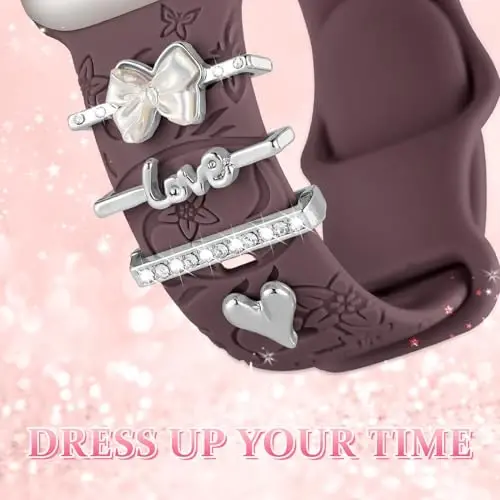 Charm+Band for Apple Watch Bands 40mm 41mm 38mm 44mm 45mm 46mm 42mm Women,Floral Engraved Silicone Sport Band+Decorative Ring Loops for iWatch Series 11 10 9 8 7 6 5 4 SE/Ultra 49mm 3/2,Jewelry Strap - 3
