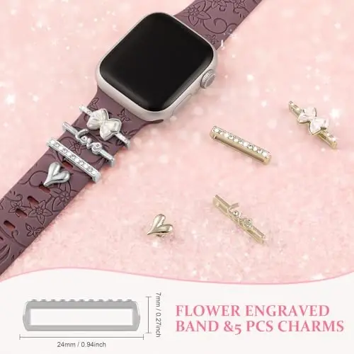 Charm+Band for Apple Watch Bands 40mm 41mm 38mm 44mm 45mm 46mm 42mm Women,Floral Engraved Silicone Sport Band+Decorative Ring Loops for iWatch Series 11 10 9 8 7 6 5 4 SE/Ultra 49mm 3/2,Jewelry Strap - 4