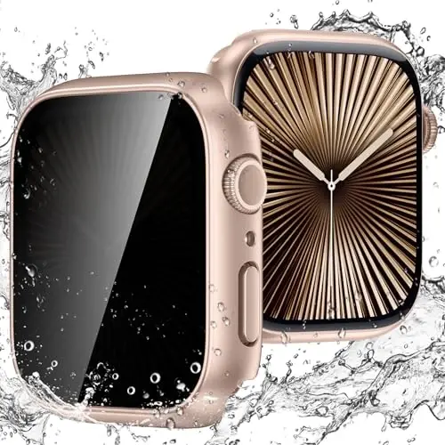 Goton Waterproof Privacy Case for Apple Watch Screen Protector, Anti-Spy Tempered Glass Film iWatch Cover Hard PC Case Bumper for Apple Watch Series 11/10, 42mm RoseGold - GOTON
