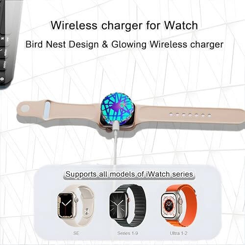 Apple Watch İçin Yükseltilmiş Manyetik Saat Şarj Cihazı, Kuş Yuvası Tasarımına Sahip Çok Renkli LED, Çift Portlu USB C iWatch Apple Watch Taşınabilir Şarj Cihazı Serisi 9/8/7/Ultra/SE/6/5/4/3/2/1 (Gökkuşağı) - 5