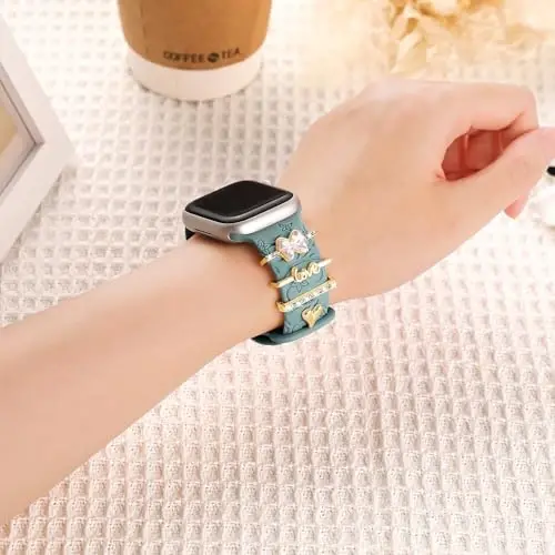 Charm+Band for Apple Watch Bands 40mm 41mm 38mm 44mm 45mm 46mm 42mm Women,Floral Engraved Silicone Sport Band+Decorative Ring Loops for iWatch Series 11 10 9 8 7 6 5 4 SE/Ultra 49mm 3/2,Jewelry Strap - 2