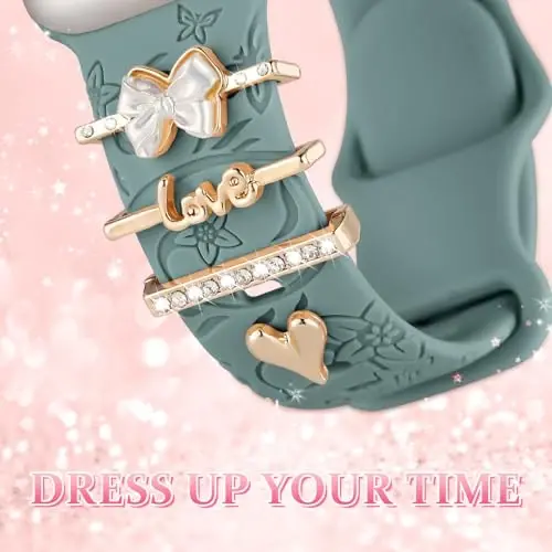 Charm+Band for Apple Watch Bands 40mm 41mm 38mm 44mm 45mm 46mm 42mm Women,Floral Engraved Silicone Sport Band+Decorative Ring Loops for iWatch Series 11 10 9 8 7 6 5 4 SE/Ultra 49mm 3/2,Jewelry Strap - 3