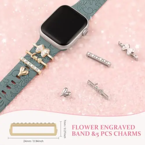 Charm+Band for Apple Watch Bands 40mm 41mm 38mm 44mm 45mm 46mm 42mm Women,Floral Engraved Silicone Sport Band+Decorative Ring Loops for iWatch Series 11 10 9 8 7 6 5 4 SE/Ultra 49mm 3/2,Jewelry Strap - 4
