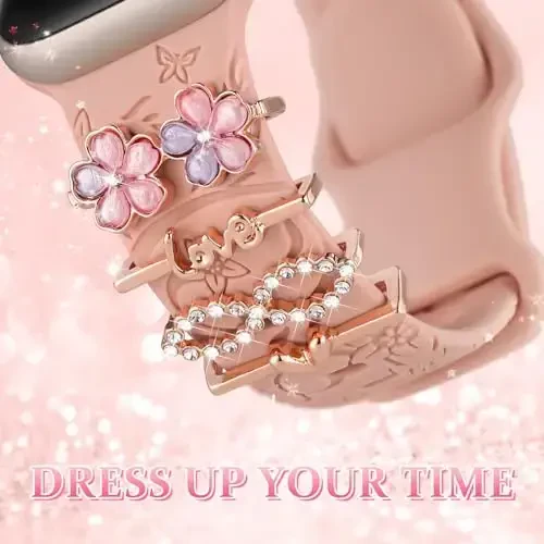 Charm+Band for Apple Watch Bands 40mm 41mm 38mm 44mm 45mm 46mm 42mm Women,Floral Engraved Silicone Sport Band+Decorative Ring Loops for iWatch Series 11 10 9 8 7 6 5 4 SE/Ultra 49mm 3/2,Jewelry Strap - 4