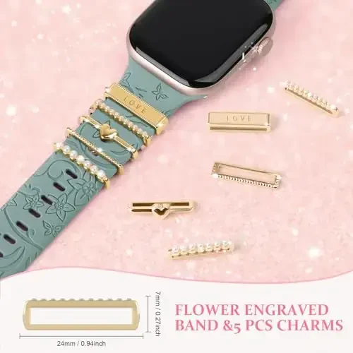 Charm+Band for Apple Watch Bands 40mm 41mm 38mm 44mm 45mm 46mm 42mm Women,Floral Engraved Silicone Sport Band+Decorative Ring Loops for iWatch Series 11 10 9 8 7 6 5 4 SE/Ultra 49mm 3/2,Jewelry Strap - 4