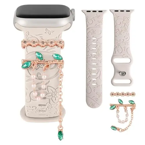 Charm+Band for Apple Watch Bands 40mm 41mm 38mm 44mm 45mm 46mm 42mm Women,Floral Engraved Silicone Sport Band+Decorative Ring Loops for iWatch Series 11 10 9 8 7 6 5 4 SE/Ultra 49mm 3/2,Jewelry Strap 