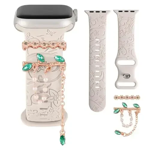 Charm+Band for Apple Watch Bands 40mm 41mm 38mm 44mm 45mm 46mm 42mm Women,Floral Engraved Silicone Sport Band+Decorative Ring Loops for iWatch Series 11 10 9 8 7 6 5 4 SE/Ultra 49mm 3/2,Jewelry Strap 
