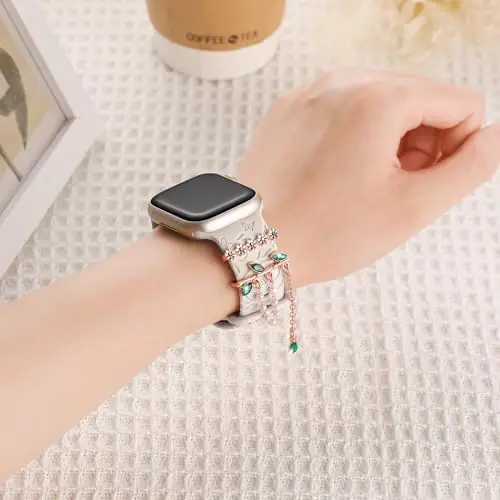 Charm+Band for Apple Watch Bands 40mm 41mm 38mm 44mm 45mm 46mm 42mm Women,Floral Engraved Silicone Sport Band+Decorative Ring Loops for iWatch Series 11 10 9 8 7 6 5 4 SE/Ultra 49mm 3/2,Jewelry Strap - CHARM+BAND (1)